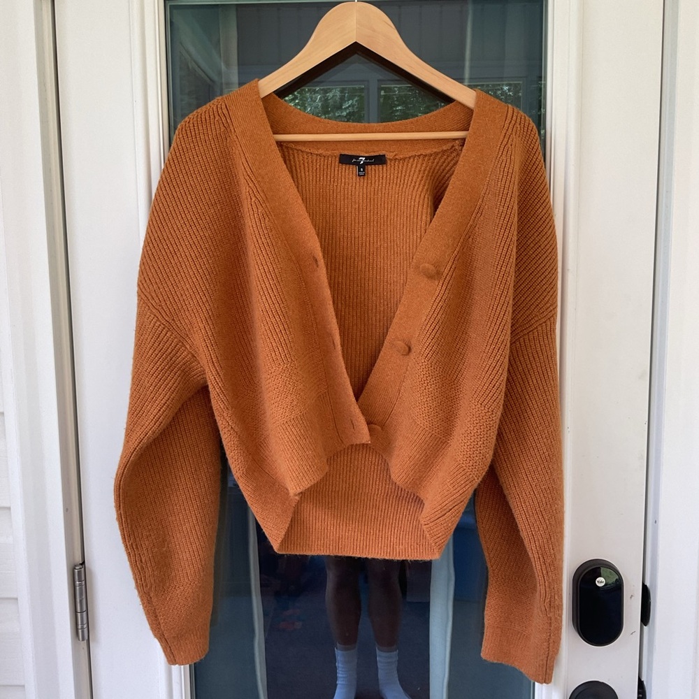 7 For All Mankind Rust Brown Button-Front Cropped Cardigan - Picture 3 of 7